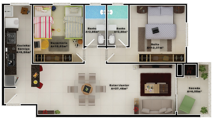 Planta referente ao apartamento tipo 2 e 3